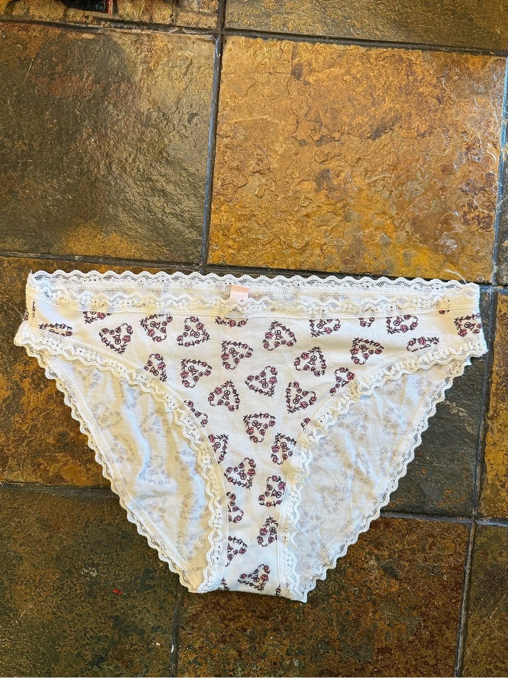 Victoria's Secret White Bikini Panty with Burgundy Heart Print